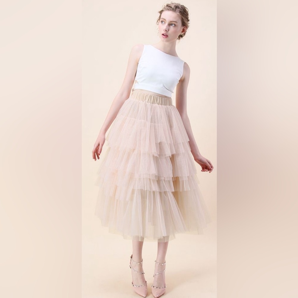 Chicwish Cream Layered Tulle A-Line Skirt